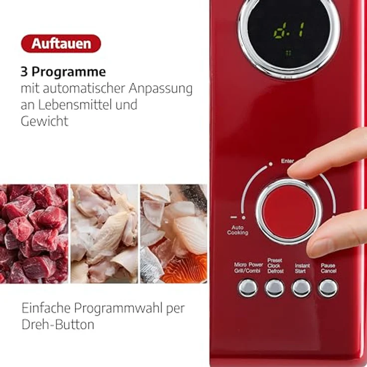 Salco Mikrowelle 2 in 1, Retro-Style, Grillfunktion, 23 l Garraum, metallic-rot, 900 W, 12 Funktionen, Auftauen, Grillen, Wärmen, inkl. Drehteller – Bild 5