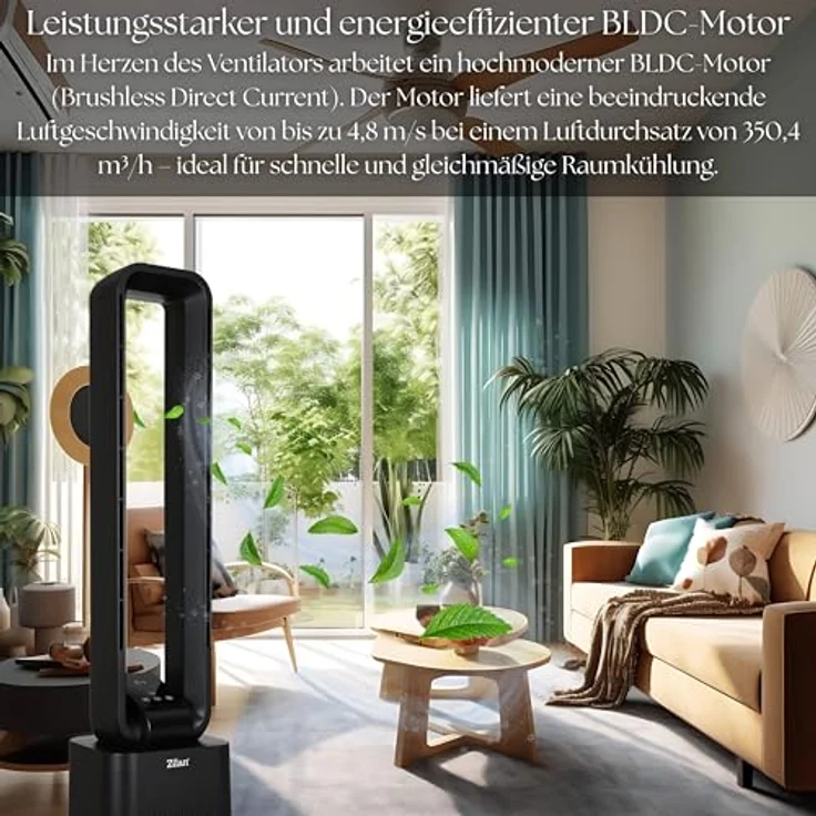 Zilan Turmventilator Venom Black, blattloser Standventilator mit Fernbedienung, 12 Geschwindigkeitsstufen, energiesparender BLDC-Motor und oszillierendem Betrieb – Bild 2