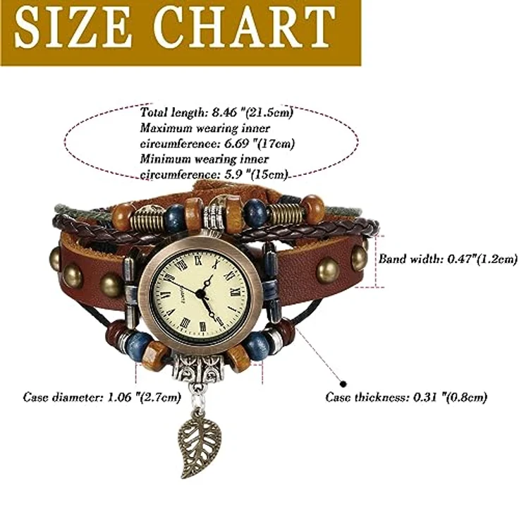 JewelryWe Vintage Damen Armbanduhr, Braun, Analog Quarz mit geflochtenem Lederarmband und Blatt-Anhänger – Bild 5