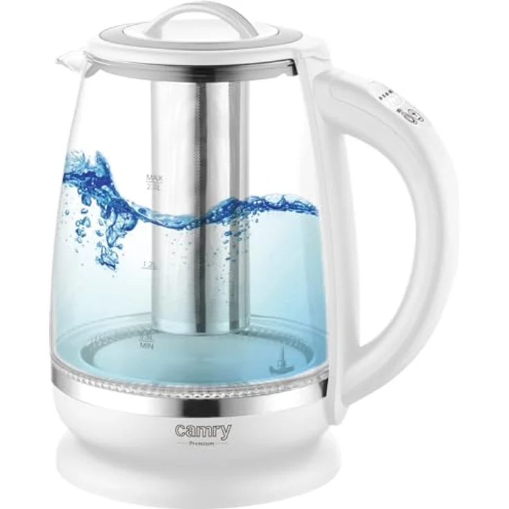 Camry CR 1290, Wasserkocher 2 L mit Teesieb, 2200 W, Temperaturvorwahl 60–100 °C, Glasgehäuse in Weiß – Bild 7