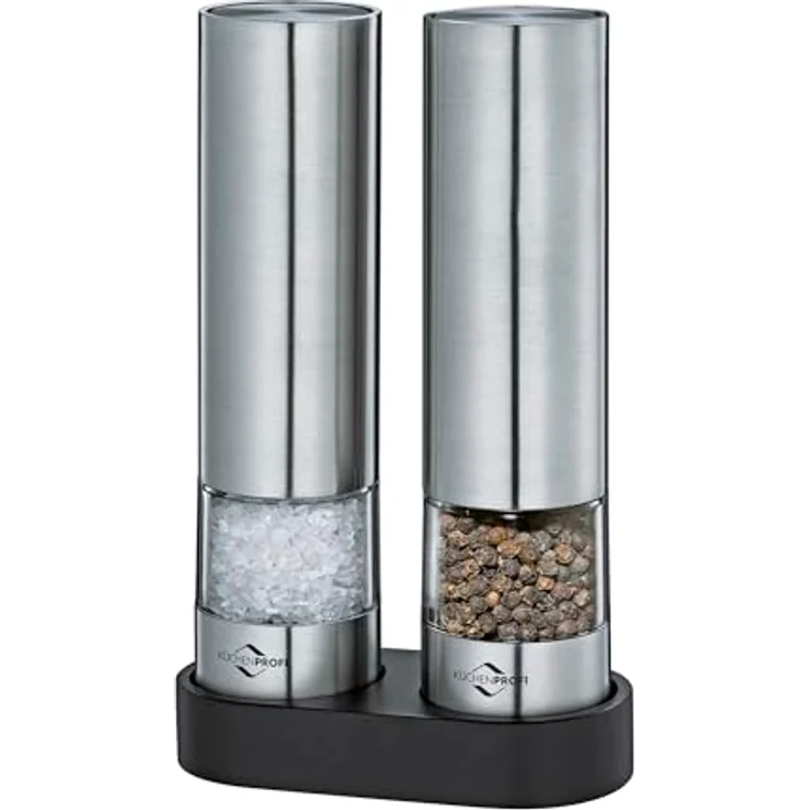 Küchenprofi Pfeffermühle und Salzmühle OHIO | 2 x Elektrische Gewürzmühle | Keramikmahlwerk | Edelstahl rostfrei | Mit Mühlenuntersetzer | Auch für getrocknete Kräuter – Bild 1