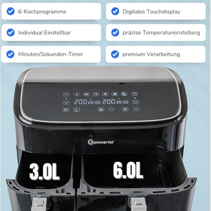 Sommertal Heißluftfritteuse HF DUAL 900, 9 Liter XXL Airfryer & Dörrgerät mit Doppelkammer, 2850W, Digitales Touch Display, 3D Umluftsystem, Vorheizen, Synchronisierungsfunktion – Bild 3