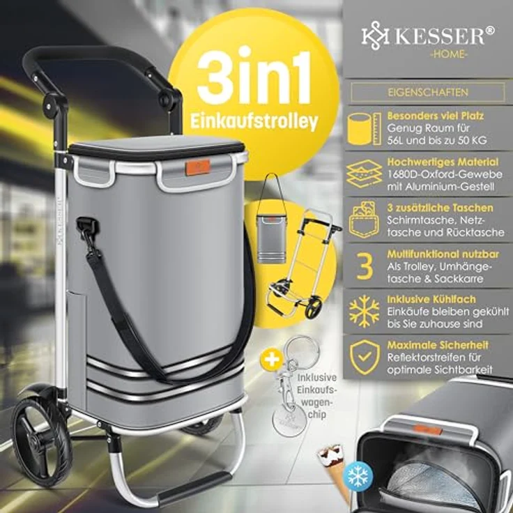 KESSER® Einkaufstrolley klappbar mit 56L Kapazität und belastbar bis 50kg | 3in1 Trolley Sackkarre & Umhängetasche | Faltbarer Einkaufswagen inkl. Kühlfach & Einkaufschip | Treppensteiger Grau – Bild 2