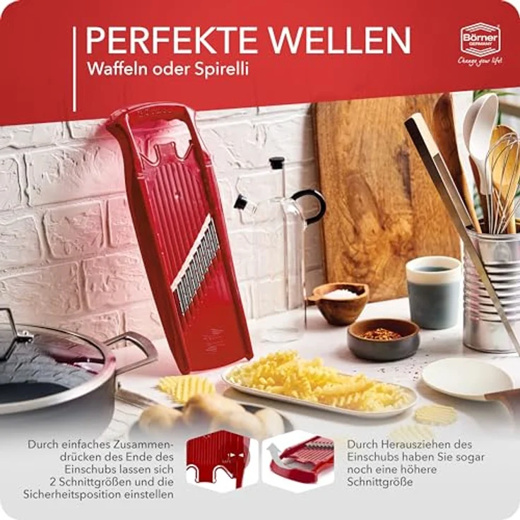 Börner Gemüseschneider Welle-Waffel PowerLine, Gitterkartoffel-Schneider mit 3 Schnittstärken, integriertem Kindersicherung, ergonomischem Griff und mikrofein-geschliffenen Edelstahlmessern, BPA-frei – Bild 6