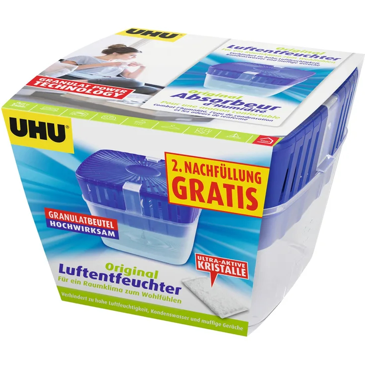 UHU 47130 Luftentfeuchter Original, 450 g für Räume bis 35 m², duftneutral und allergikerfreundlich