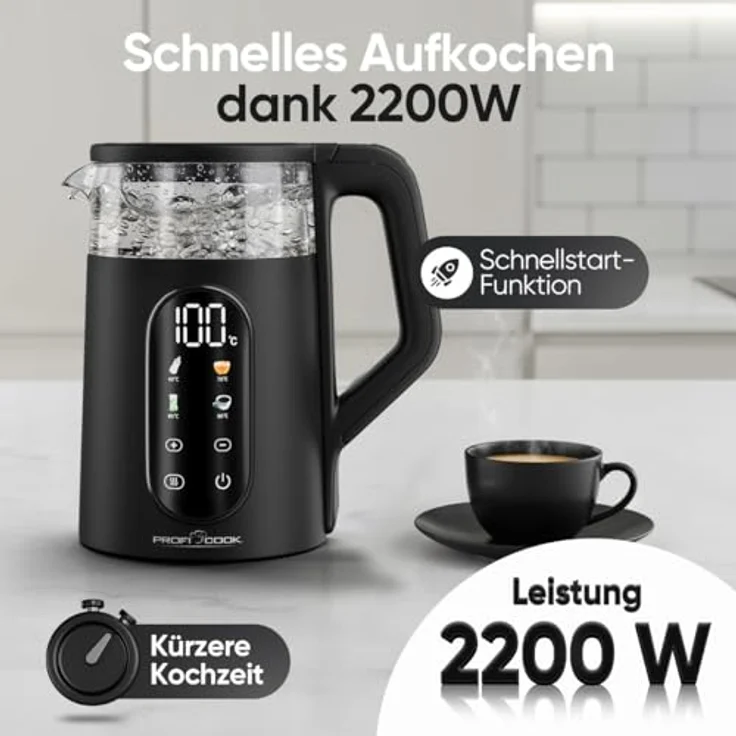 ProfiCook® PC WK 1328 G Wasserkocher, 1,7L mit Temperatureinstellung 40-100°C, Schnellstartfunktion, 2200W, wärmeisolierter Glasbehälter, Warmhaltefunktion, Einhandbedienung, BPA frei – Bild 4
