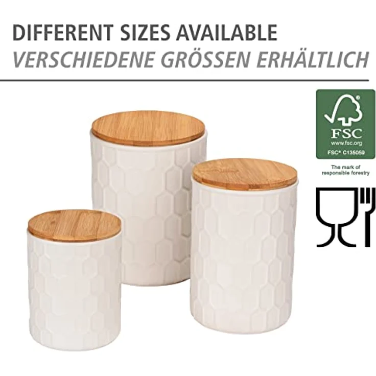 WENKO Aufbewahrungsdose Maya aus hochwertiger weißer Keramik mit Wabenstruktur, spülmaschinengeeignete Dose mit luftdicht verschließbarem Deckel aus Bambus, FSC® zertifiziert, 1,3 L, Ø 13 x 17 cm – Bild 5