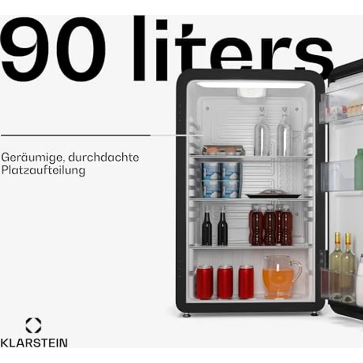 Klarstein Audrey Evo 90L Retro Mini Kühlschrank, 40 dB, kompakt mit verstellbaren Füßen und Wendetür, schwarz – Bild 2