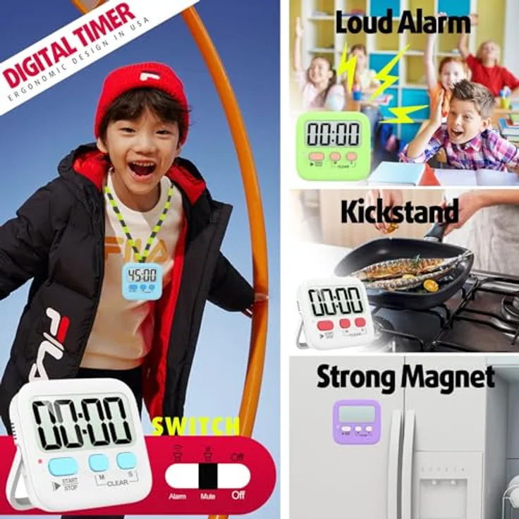 Küchen-Timer, 2 Stück, digitale Küchen-Timer [2020er-Version], magnetischer Countdown-Timer mit lautem Alarm, große Ziffern, Ständer für Kochen, Klassenzimmer, Badezimmer, Lehrer, Kinder, AAA-Batterie enthalten – Bild 4