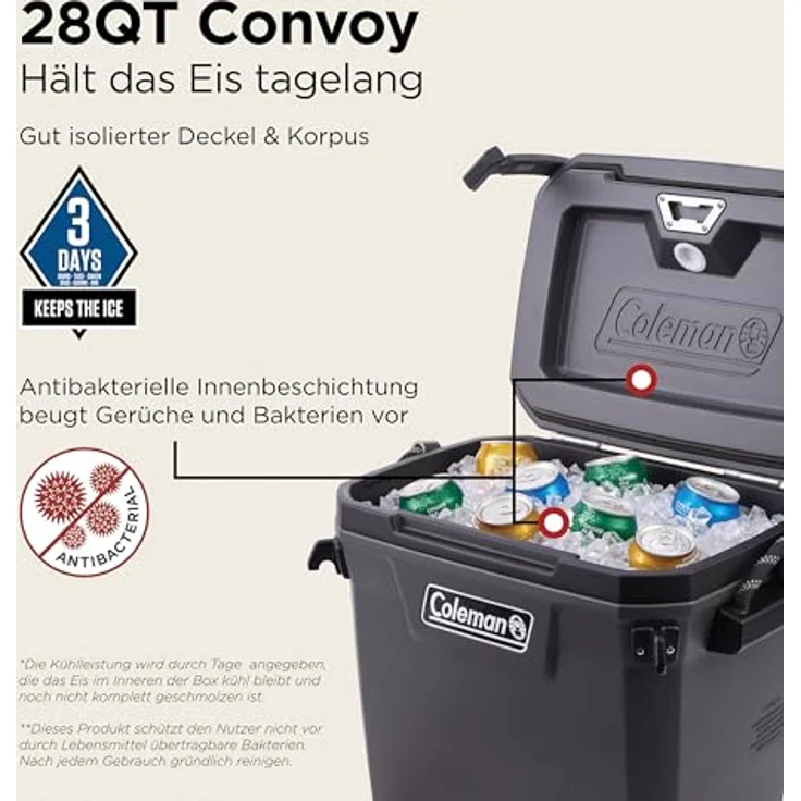 Coleman Convoy 28 QT, Kühlbox (29 l) mit antimikrobieller Innenbeschichtung, grau, bis zu 72 Stunden Kühlwirkung, integrierter Flaschenöffner – Bild 3
