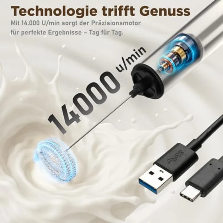 LUNARIA Elektrischer Milchaufschäumer Stab, kabellos mit Akku & USB, Edelstahlspirale für perfekte Milchaufschäumung in Silber – Bild 4