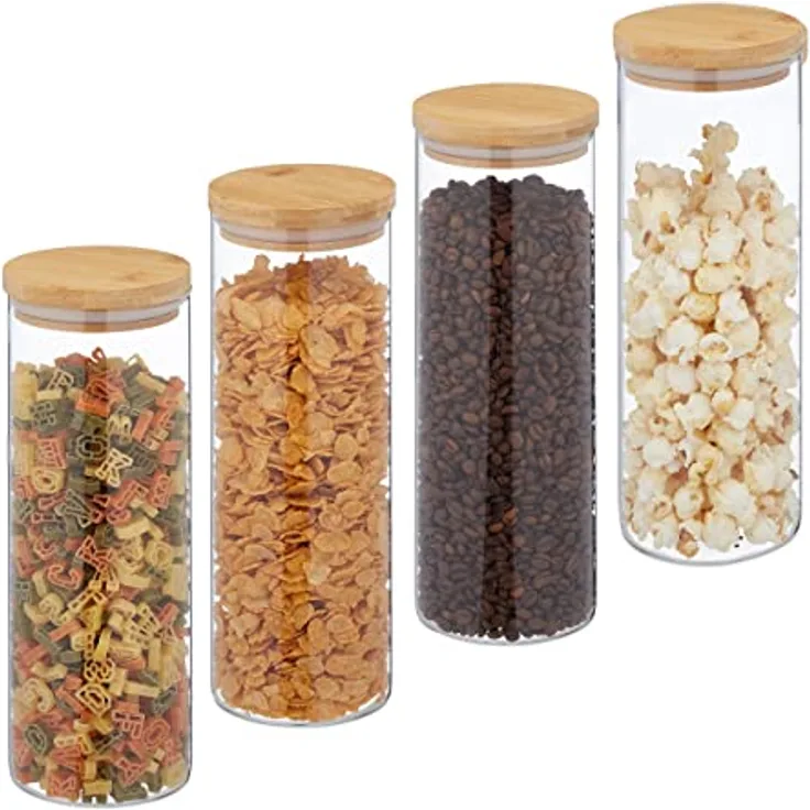 Relaxdays Vorratsgläser mit Bambusdeckel, 4er Set, runde Vorratsdosen aus Glas, 1600 ml, luftdicht, transparent/natur