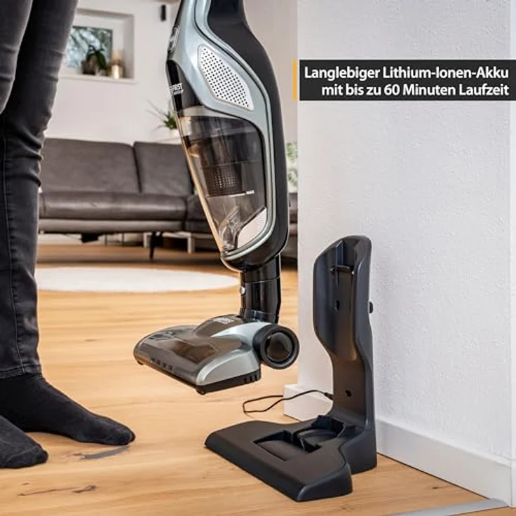 TZS First Austria 2in1 Stiel- und Handstaubsauger | bis zu 60 min Akkulaufzeit | Bodenbürste mit LED-Licht | Wandladestation | Beutellos | Kabellos | grau – Bild 5