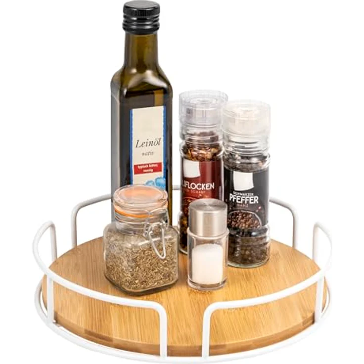 eluno Drehteller aus Metall mit Bambusboden Ø ca. 25 cm, drehbares Gewürzregal, Lazy Susan Schrankorganizer, Badorganizer (Weiß) – Bild 1