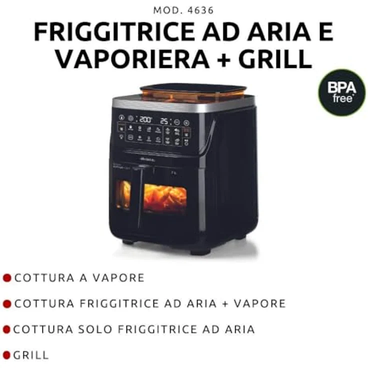 Ariete 4636 Heißluftfritteuse mit Dampf+ Grillfunktion, 1700W, Trocknungsfunktion, 10 Kochfunktionen, transparenter Korb, Timer, Innenbeleuchtung, Schwarz – Bild 6