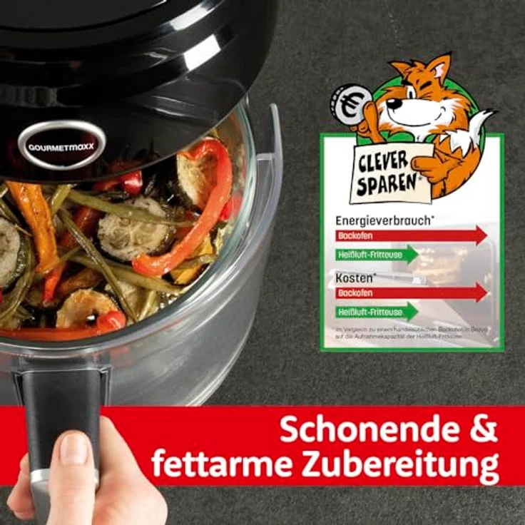 GOURMETmaxx Digitale Heißluftfritteuse 3,3 Liter | AirFryer mit Glas-Korb für ideale Sichtkontrolle | Fettfreies Frittieren mit Timerfunktion für punktgenaues Garen | 1400 W [schwarz/transparent] – Bild 3