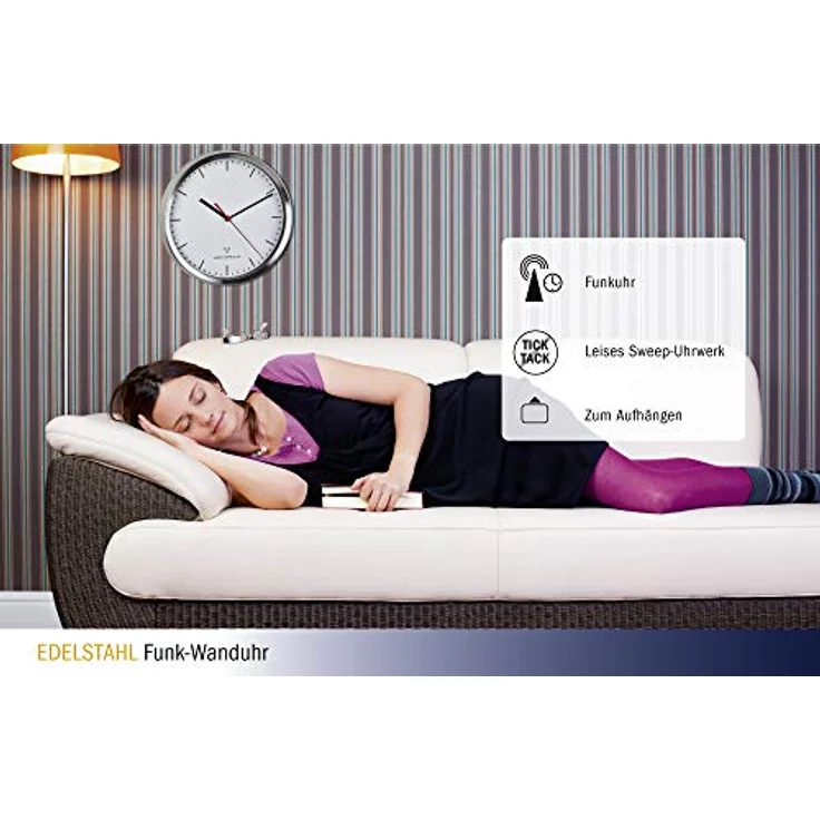 TFA Dostmann Funk-Wanduhr modern, 60.3530.02, leises Uhrwerk, gebürstetes Alu, 22 cm Durchmesser, Silber – Bild 3
