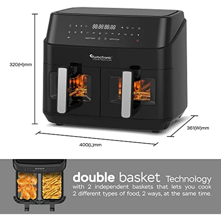 TurboTronic Heißluftfritteuse XXL doppel Airfryer 1600W / 9L (2x 4,5L Kammer) 10 Programme digitale Heißluft Fritteuse ohne Fett Öl Dual Luftfritteuse Air Friteuse Power Black – Bild 2