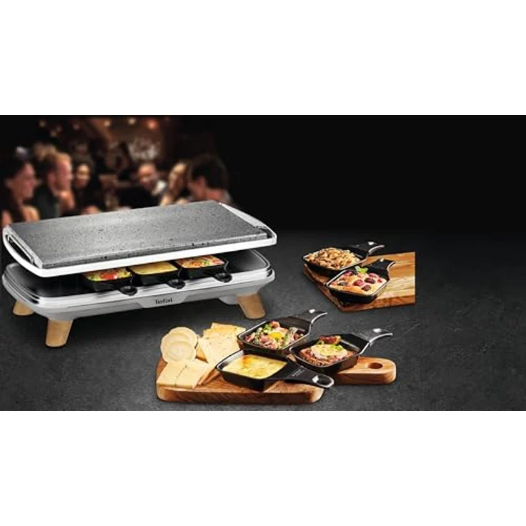 Tefal Pierrade Gourmet Raclette PR620D12, 2-in-1 Steinrake mit 1350 W, 8 Maxi-Tiefschalen, grau mit Holzoptik Füßen – Bild 3