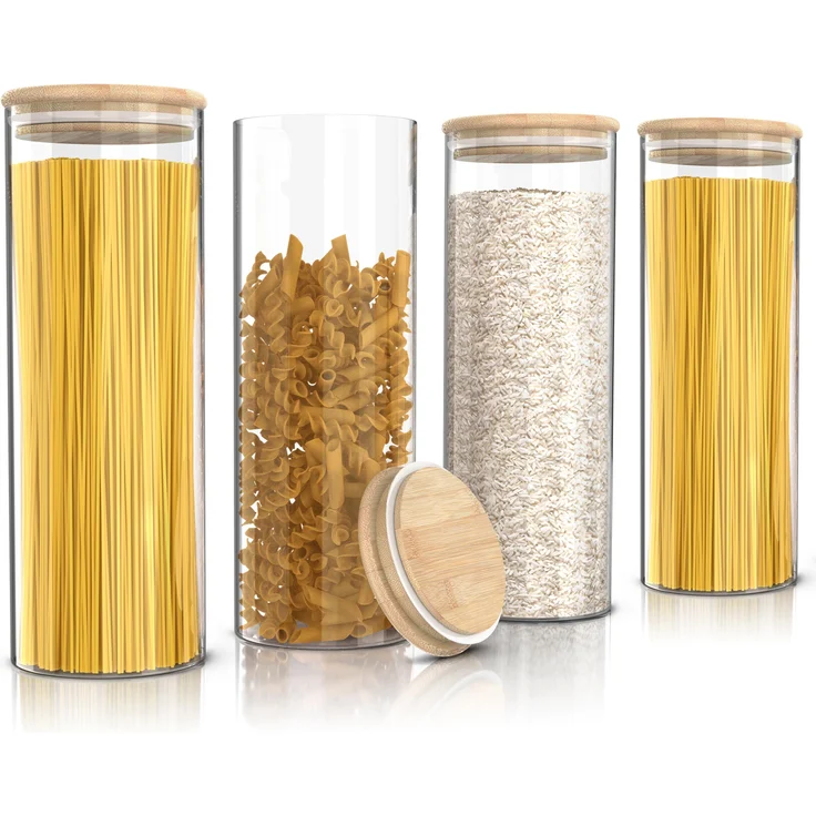 Arendo Vorratsgläser 4er Set, 2,2 L Borosilikatglas mit Bambusdeckel, luftdicht, hitzebeständig, mikrowellengeeignet