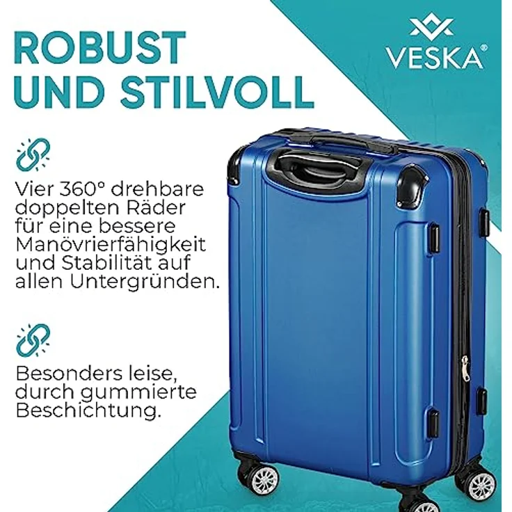 VESKA 3tlg. Hartschalenkofferset Hard Shell Reisekoffer Kofferset Trolley Koffer Hartschalenkoffer Reisekofferset Rollkoffer TSA Zahlenschloss 4 Rollen ABS-Hartschale M-L-XL (schwarz) – Bild 3