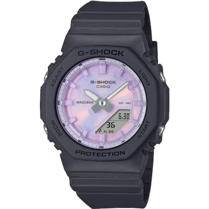 Casio G-Shock Damenuhr Ana-Digi Schwarz GMA-P2100PC-1AER, Kunststoffarmband mit Alarm, Stoppuhr und mehrfarbigem Zifferblatt
