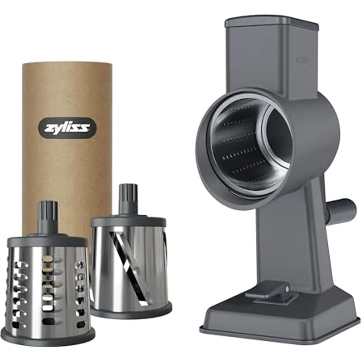 Zyliss E900057 Alu Trommelreibe Set, Käsereibe mit Kurbel, 3 Edelstahl Trommelklingen, Gemüseschneider, 5 Jahre Garantie