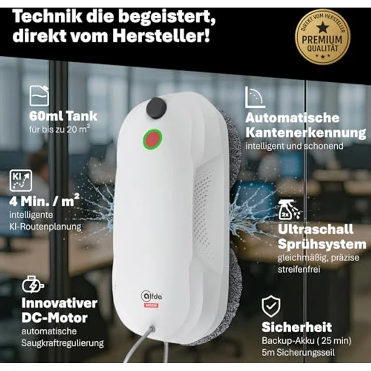alfda Fensterputzroboter AFR230, 60ml Wassertank mit Sprühfunktion, automatische Saugkraftregulierung, 3200 Pa Saugleistung, inklusive Fernbedienung und Sicherheitsseil – Bild 3