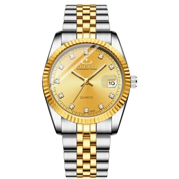 JewelryWe Paar Uhr Analog Quarz mit Kalender, 30M wasserdicht, Edelstahlarmband, Herren- und Damenmodell, Gold Strass Zifferblatt – Bild 1