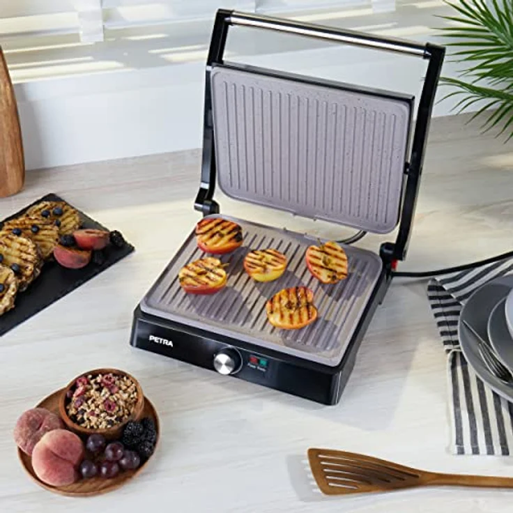 Petra PT4076VDEEU10 XL 180° Elektrogrill und Panini-Presse - Sandwichtoaster mit marblestone Antihaftbeschichtung, Fettarmes Grillen - Tischgrill, ausklappbar für 2 Kochflächen, Gemüse, Fleisch, Spieße – Bild 4