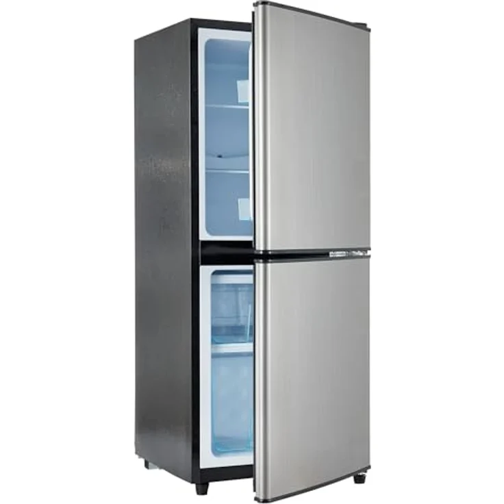 Merax 106L Zweizonen-Energiesparkühlschrank, 60L Kühlschrank + 46L 4-Sterne-Gefrierschrank, 7 Temperatureinstellungen, grau-silber gebürstet, LED-Beleuchtung, verstellbare Einlegeböden – Bild 2