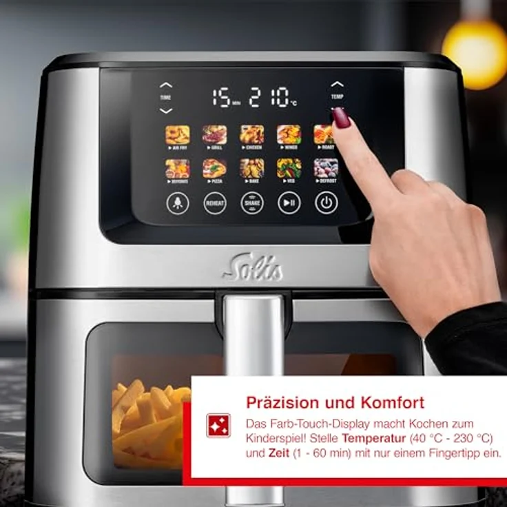 Solis Air Fry & Dry Heißluftfritteuse – 7,5L XXL Fritteuse ohne Öl – 10 Programme: Frittieren, Dörren, Backen & Grillen – 3D Heißluftzirkulation – Farb-Touch-Display – 1870W – Einfache Reinigung – Bild 4