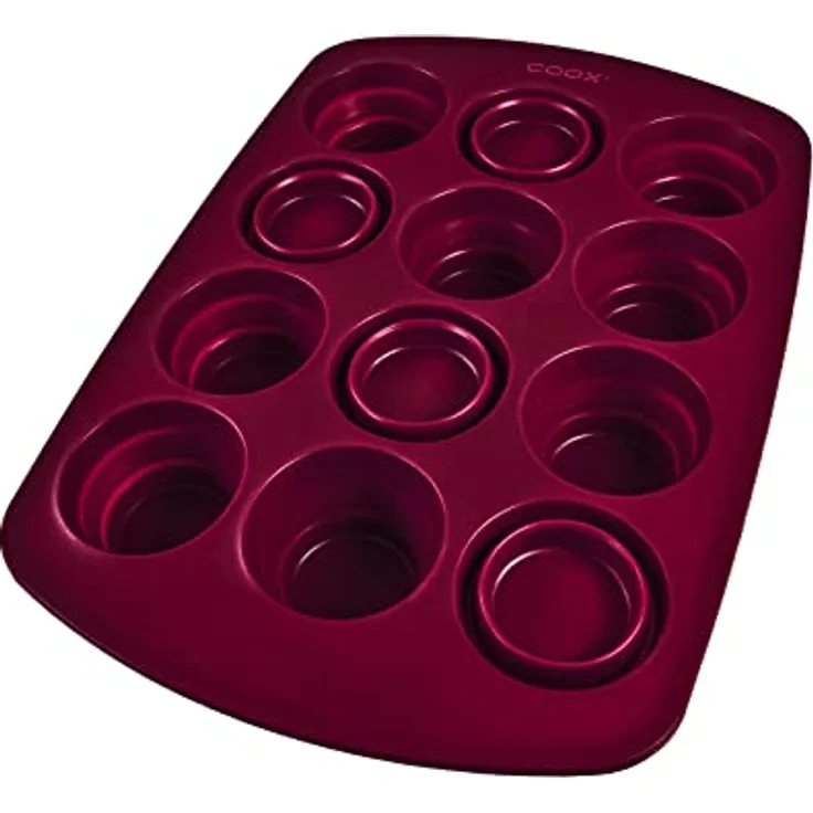coox MUFFINFORM in Dunkelrot, Platzsparendes Muffinblech mit faltbaren Förmchen, Silikon BPA-frei, für 12 Muffins geeignet