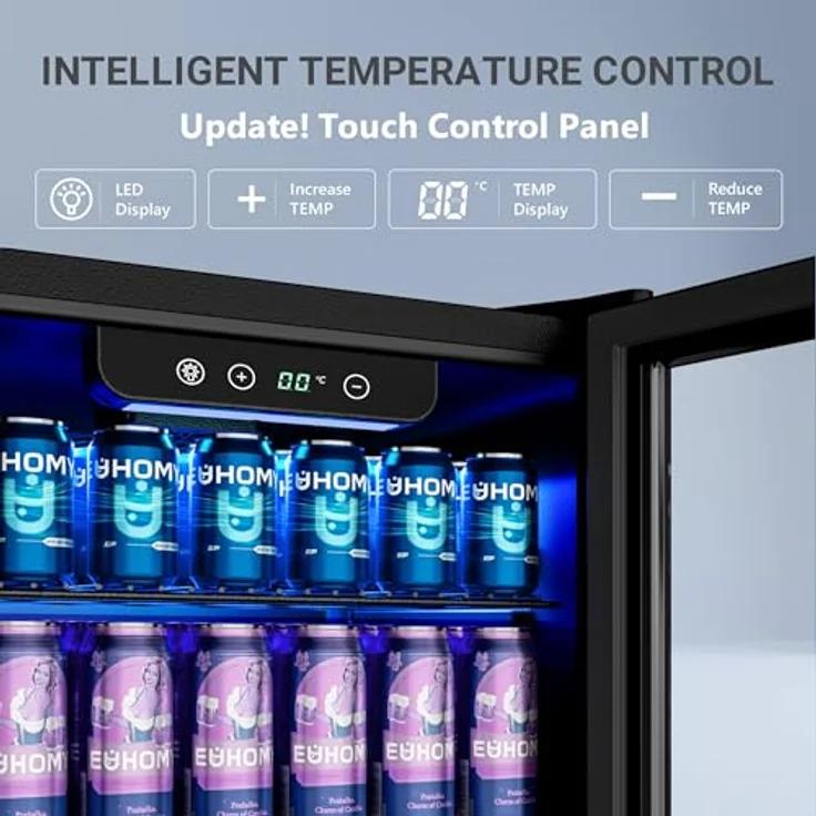 EUHOMY 90L Getränkekühlschrank, Minikühlschrank für 126 Dosen mit verstellbaren Regalen, Glastür, 0-16°C Temperaturregelung, leises Kühlsystem, Silber, Edelstahl – Bild 4