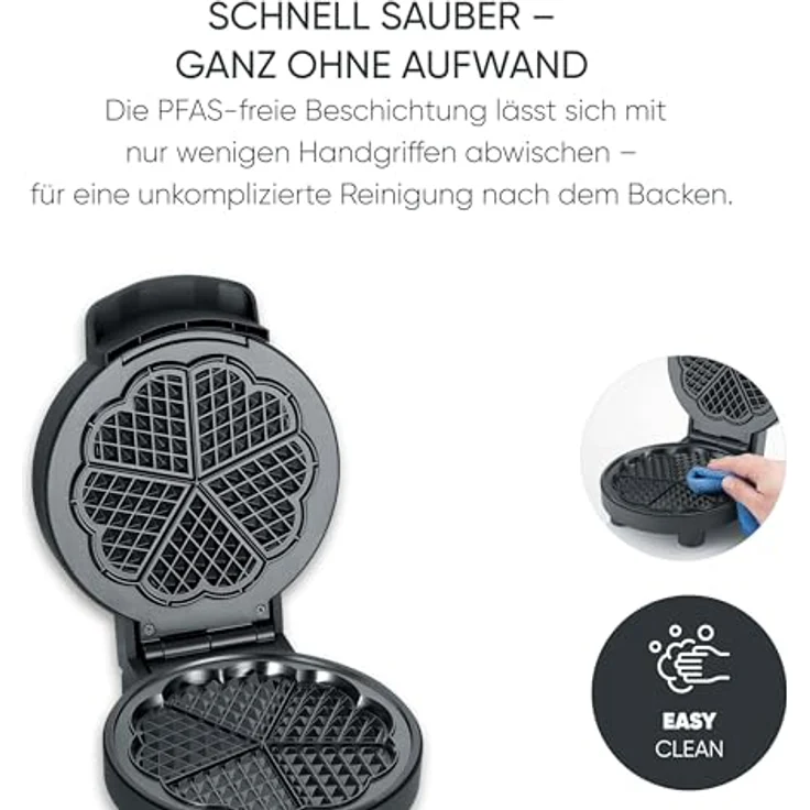 SEVERIN Waffeleisen Black Line WA 2117, Herzwaffeln mit PFAS-freier Beschichtung, 1.000 Watt, schwarz/Edelstahl, mit Kontrollleuchte und Kabelaufwicklung – Bild 5