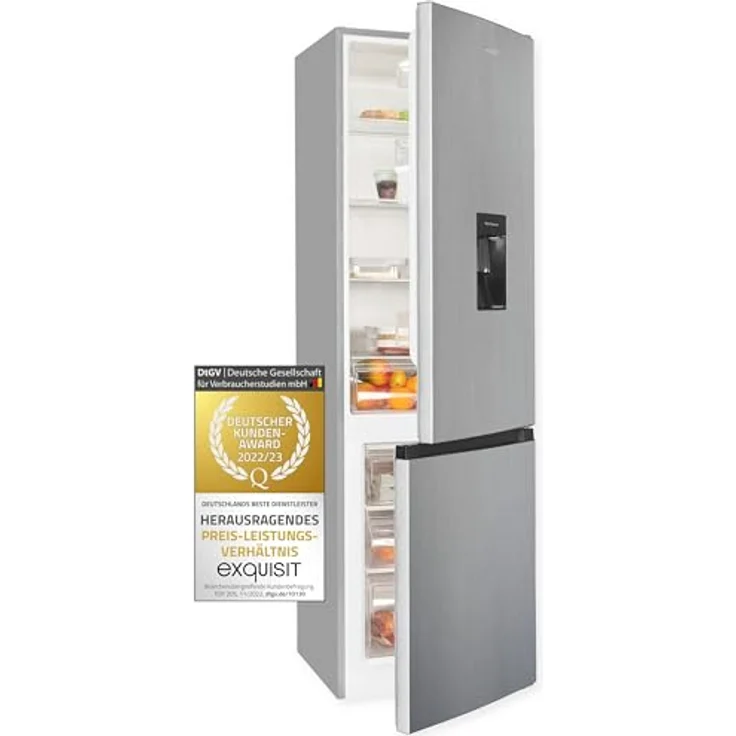 Exquisit Kühl-Gefrierkombination KGC5265-70-WS-040D inoxlook | Nutzinhalt: 260 L | Wasserspender | Alarm | 4-Sterne-Gefrieren – Bild 1