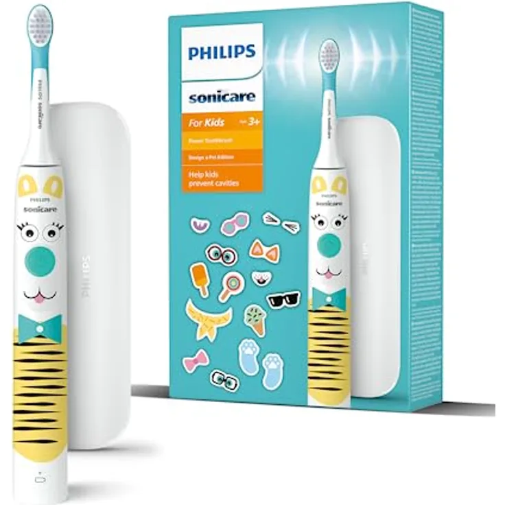 Philips Sonicare For Kids elektrische Zahnbürste - Design a Pet Edition - mit besonderen Tieraufklebern für Kinder, schmales Reiseetui und USB-Ladegerät (Modell HX3603/01)