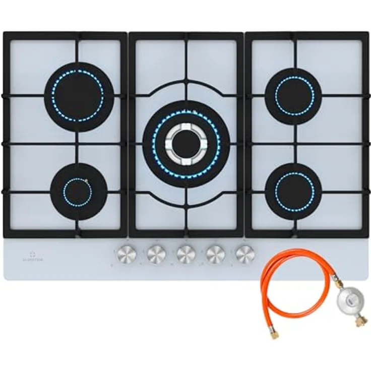 Klarstein Ignito Gaskochfeld, 5-Zonen-Sabaf-Brenner mit Wok-Aufsatz, 3,6 kW–1 kW, gehärtetes Glas, SnapJetIgnition, 75 x 10 x 52 cm