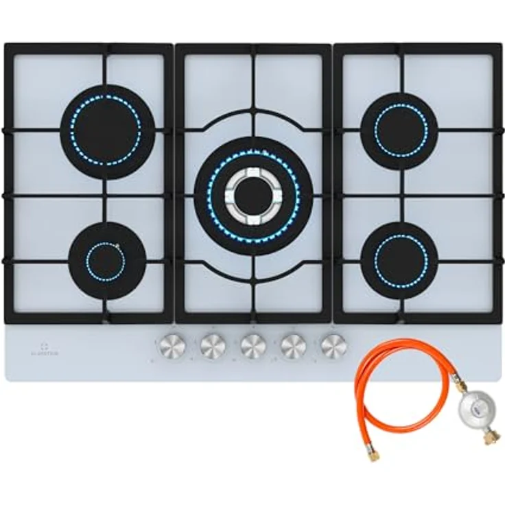 Klarstein Ignito Gaskochfeld, 5-Zonen-Sabaf-Brenner mit Wok-Aufsatz, 3,6 kW–1 kW, gehärtetes Glas, SnapJetIgnition, 75 x 10 x 52 cm – Bild 1