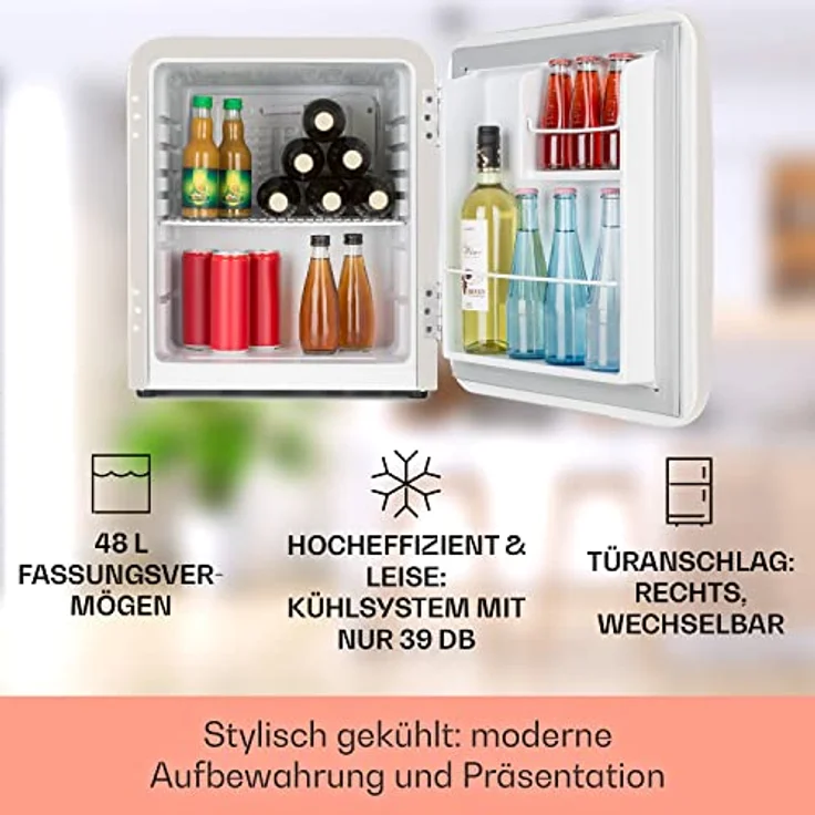 Klarstein Mini Kühlschrank für Zimmer, 48L Mini-Kühlschrank für Getränke & Kosmetik, Kleine Minibar, Kühlschrank Klein & Leise, Verstellbare Ablage, Kleiner Skincare Kühlschrank 0-10°C – Bild 2