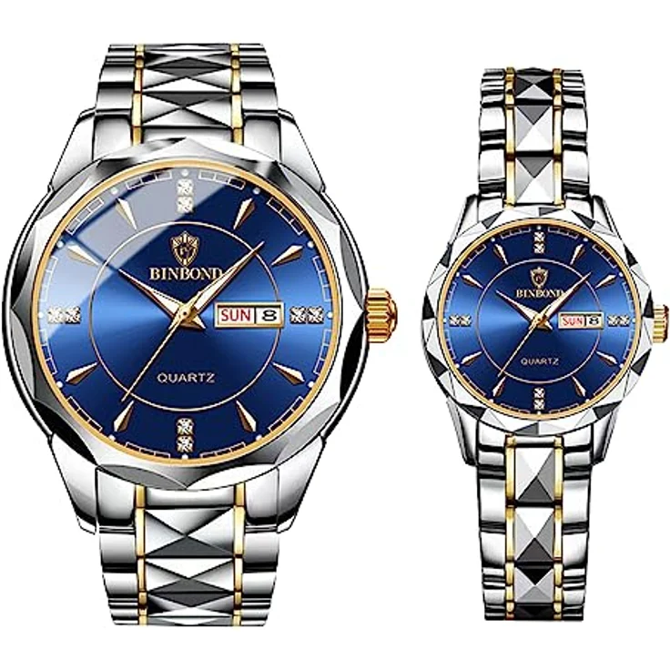 JewelryWe Paar Uhren Edelstahl, 2 Stück Blau Analog Quarz Pärchen Armbanduhr mit leuchtenden Zeigern, Datum- und Wochenanzeige, 30m wasserdicht – Bild 1
