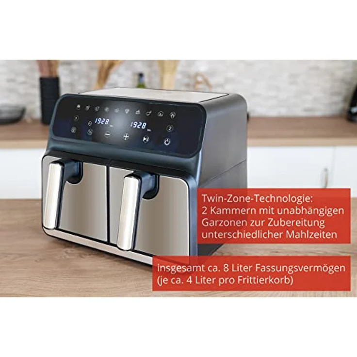Unold Heißluftfritteuse Doppelkammer TWIN ZONE 58685 | Doppel-Heißluftfritteuse mit 8 Liter Volumen verteilt auf 2 Kammern, entnehmbare Grillroste, 1.700 Watt, BPA-frei – Bild 4