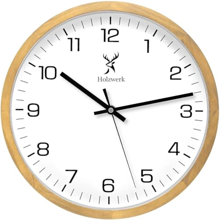 Holzwerk Germany Natur Holz Wanduhr Vintage, lautloses Uhrwerk ohne Tickgeräusche, handgefertigte Buche, Braun Weiß, 30 cm – Bild 1