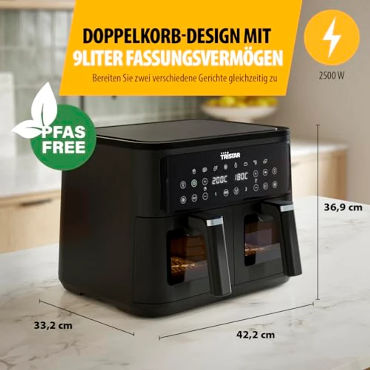 Tristar FR-9429 Doppelkorb-Heißluftfritteuse, 9 L Kapazität, 10 Programme, Sync-Funktion, digitales Display, PFAS-frei, 2500 W – Bild 2