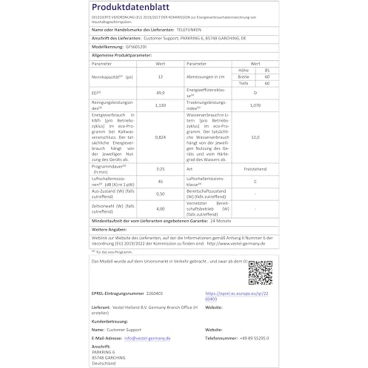 Telefunken GFS6012DI, freistehender Geschirrspüler 60 cm, 12 Maßgedecke, Silber, 6 Programme, AquaStop, Eco, 45 dB – Bild 11