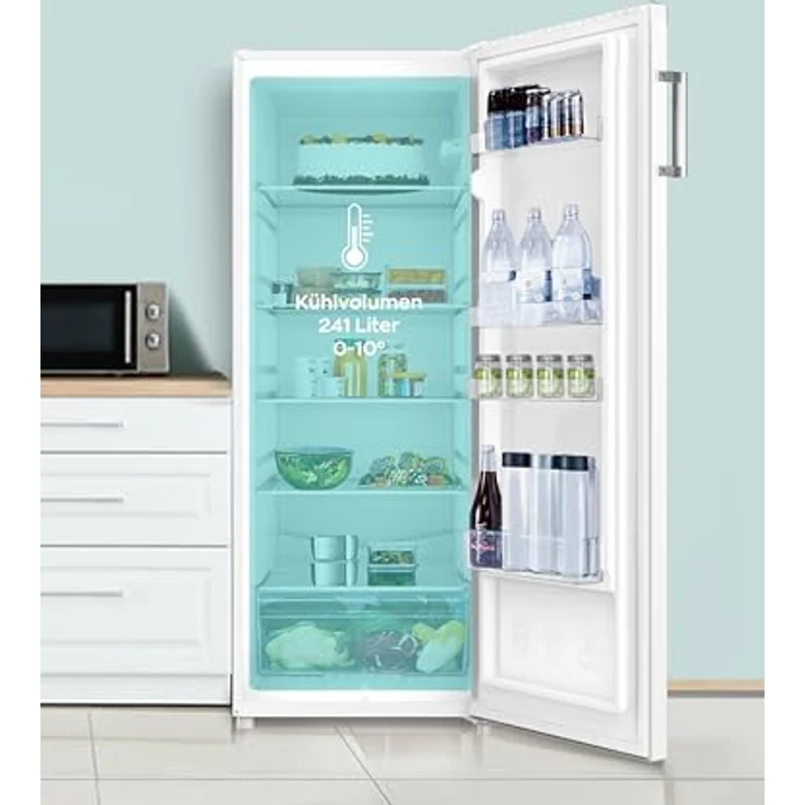 Heinrich´s HVK 3196, freistehender Vollraumkühlschrank 241L mit LED-Beleuchtung, 5 Glasablagen, Gemüsefach, 4 Türablagen, wechselbarem Türanschlag, leise 39dB, Weiß – Bild 4