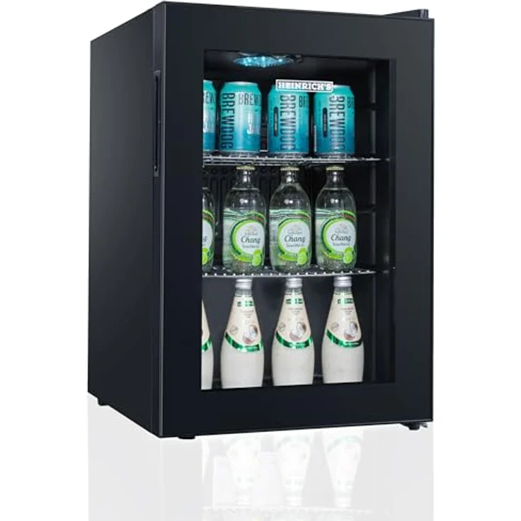 Heinrich´s HEINRICHS Mini Getränkekühlschrank, Glastür, leise (40dB), 62 Liter, LED-Beleuchtung, ideal für Büro, Camping und Garten, 4 bis 18°C, schwarzes Design – Bild 2