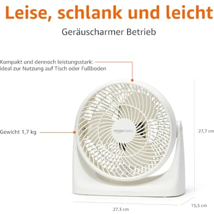 Amazon Basics Tisch-Ventilator, 18 cm, geräuscharme Kühlung, 3 Geschwindigkeiten, 90° verstellbarer Winkel, Weiß, 15,49 x 27,3 x 27,69 cm – Bild 4