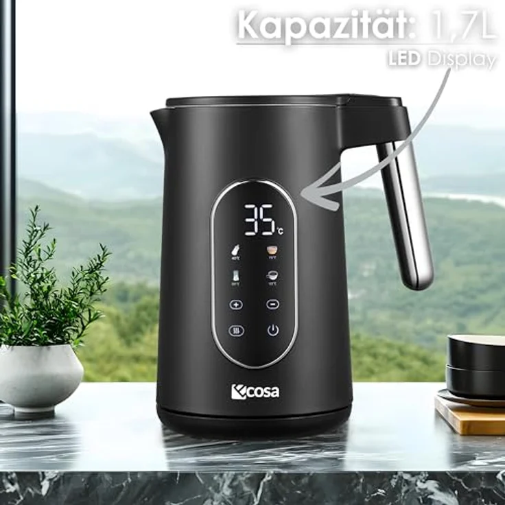 ecosa Wasserkocher Edelstahl mit Temperatureinstellung (40°C-100°C) 1,7 Liter Teekocher LED Display 2200 Watt BPA FREI Warmhaltefunktion Water Kettle – Bild 2