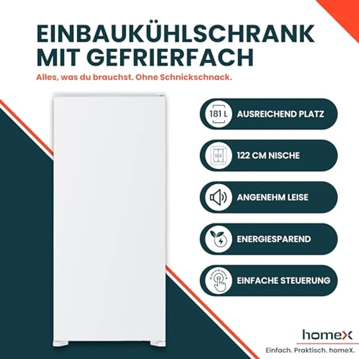 homeX CFB1811E Einbaukühlschrank mit Gefrierfach, 181 Liter, Schlepptürtechnik, LED-Beleuchtung, 39 dB, Energieeffizienzklasse E – Bild 2